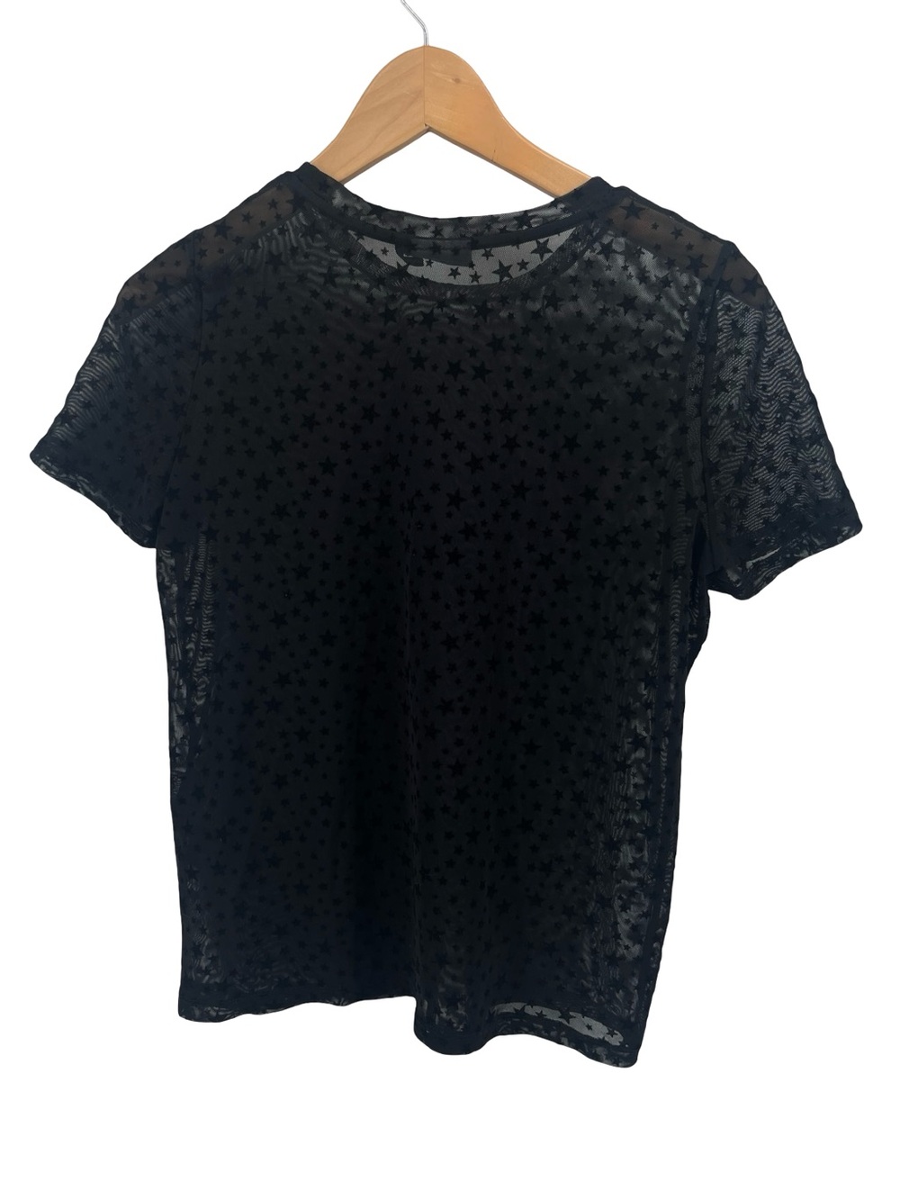 Noisy May Sheer Star Mesh Top XS Black Flocked Stars See Through Layering Tee - Picture 3 of 7